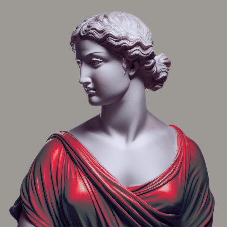 Eine Statue, die aussieht wie die Venus von Botticelli, in einer roten Toga