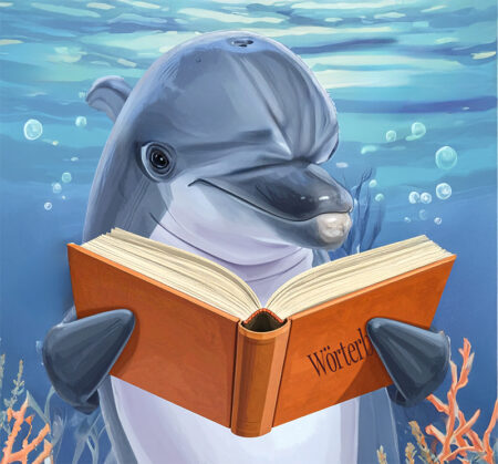 Phlipper, der Delphin, studiert die neuen Rechtschreibregeln im Wörterbuch